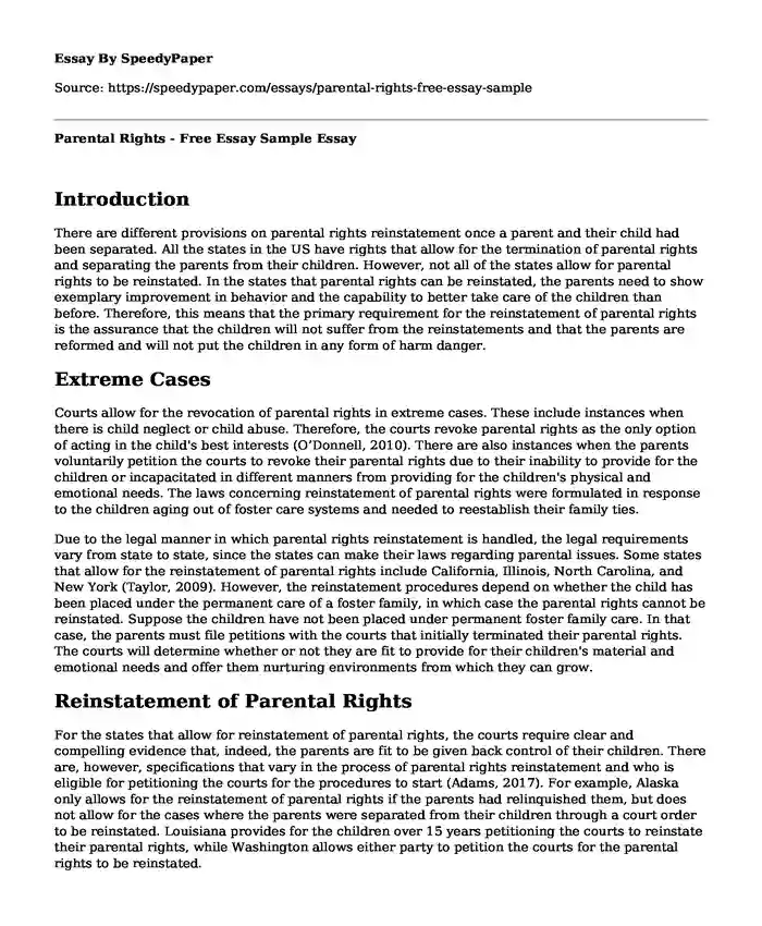 Parental Rights - Free Essay Sample 