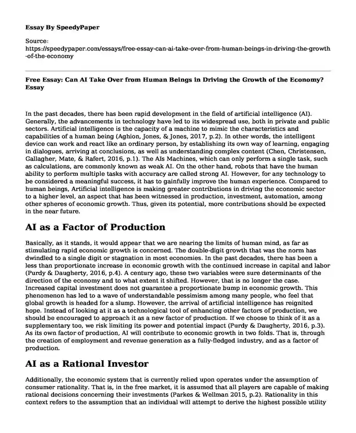 Free Essay: Can AI Take Over from Human Beings in Driving the Growth of the Economy?