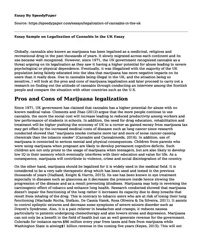 Essay Sample on Legalization of Cannabis in the UK