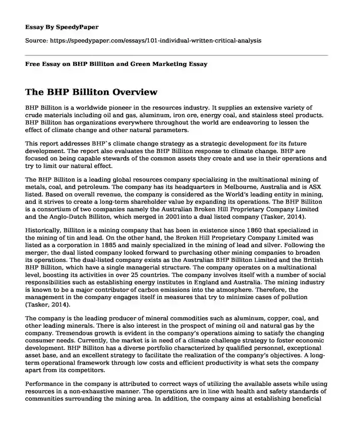 Free Essay on BHP Billiton and Green Marketing