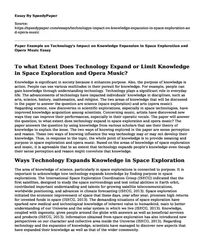 Paper Example on Technology's Impact on Knowledge Expansion in Space Exploration and Opera Music