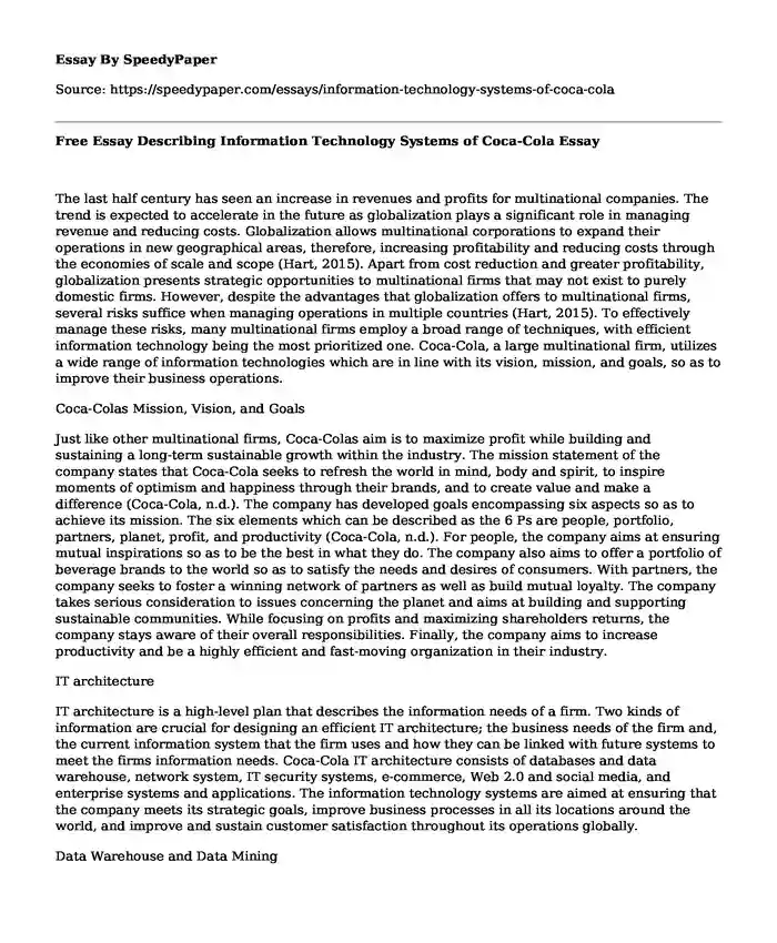 Free Essay Describing Information Technology Systems of Coca-Cola