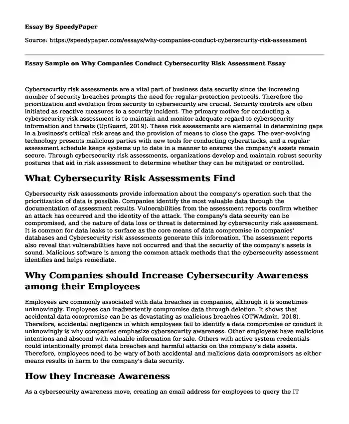 Essay Sample on Why Companies Conduct Cybersecurity Risk Assessment