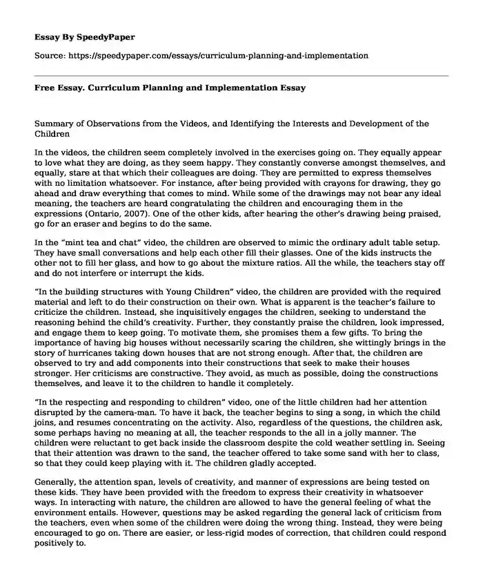 Free Essay. Curriculum Planning and Implementation