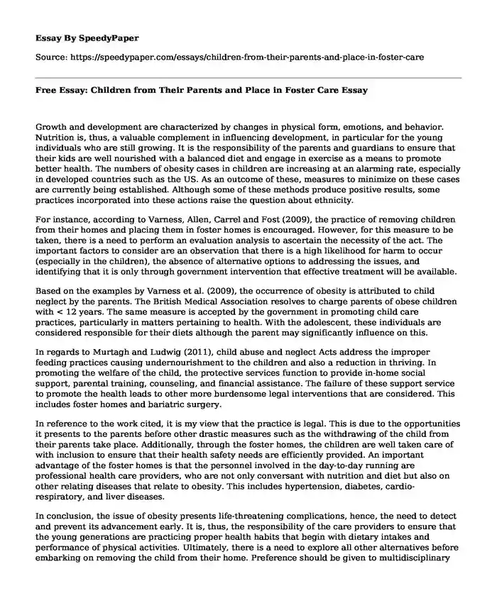 Free Essay: Children from Their Parents and Place in Foster Care