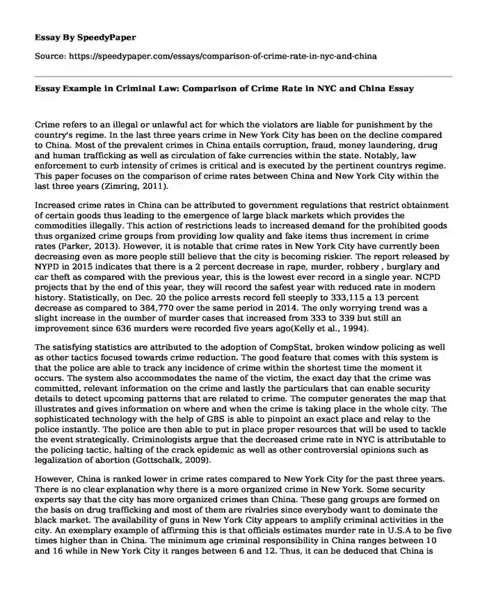Essay Example in Criminal Law: Comparison of Crime Rate in NYC and China