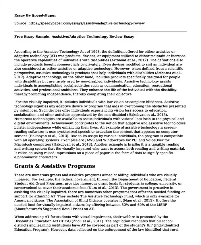 Free Essay Sample. Assistive/Adaptive Technology Review