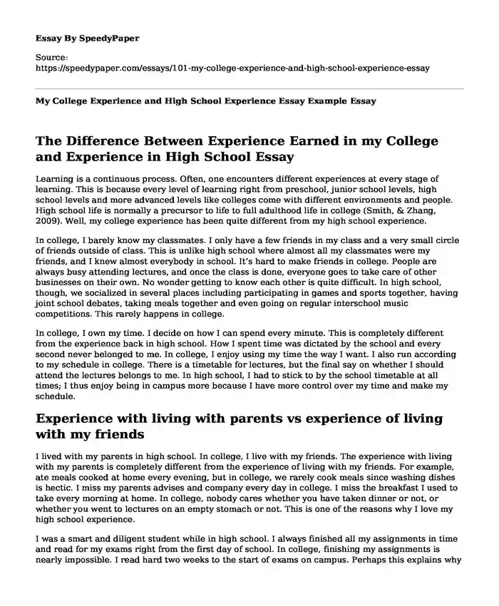 My College Experience and High School Experience Essay Example