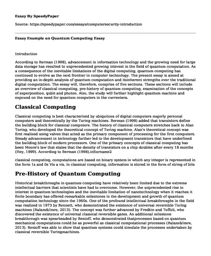 Essay Example on Quantum Computing