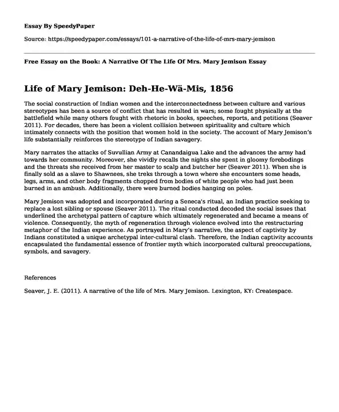 Free Essay on the Book: A Narrative Of The Life Of Mrs. Mary Jemison