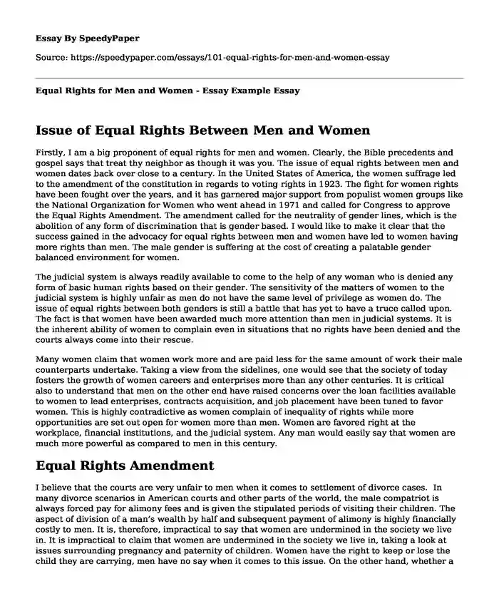 Equal Rights for Men and Women - Essay Example