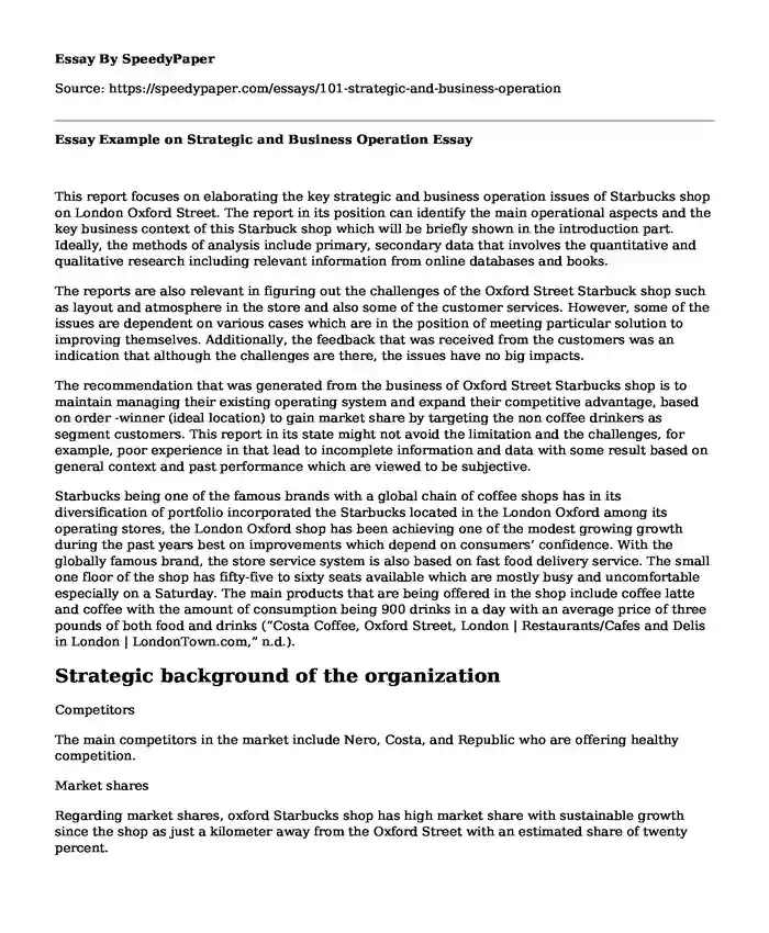 Essay Example on Strategic and Business Operation