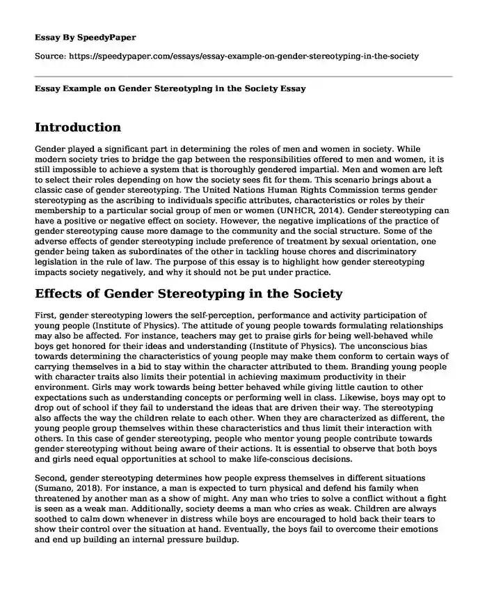 Essay Example on Gender Stereotyping in the Society
