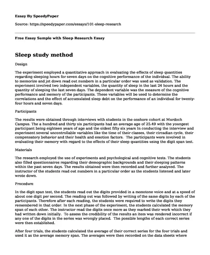 Free Essay Sample with Sleep Research