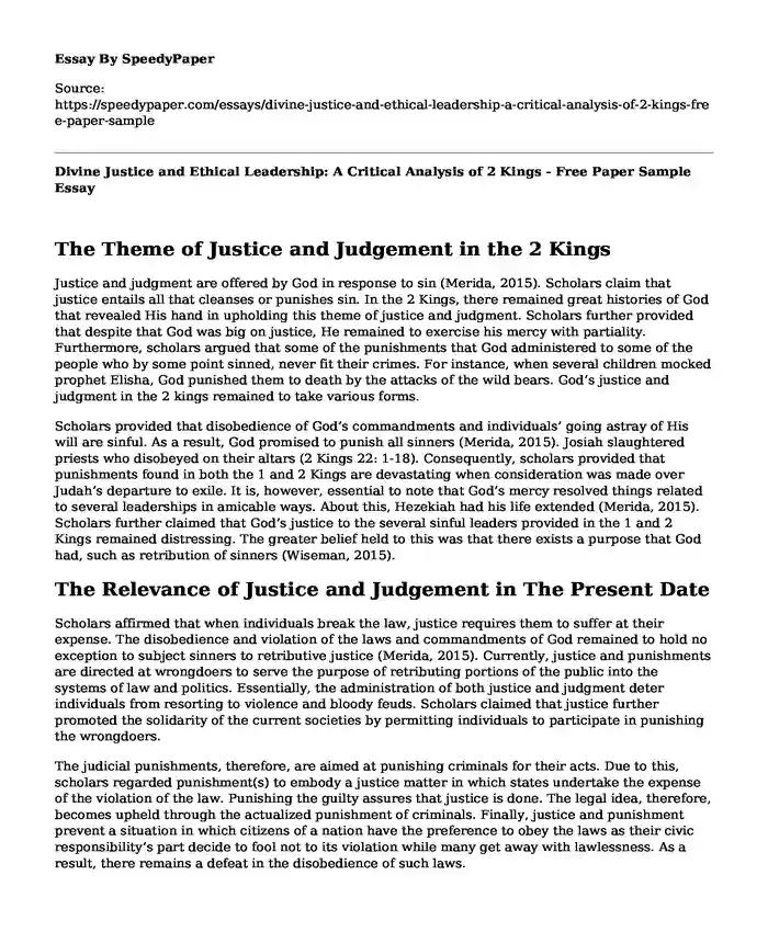 Divine Justice and Ethical Leadership: A Critical Analysis of 2 Kings - Free Paper Sample
