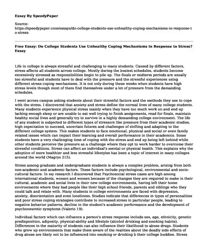 Free Essay: Do College Students Use Unhealthy Coping Mechanisms in Response to Stress?