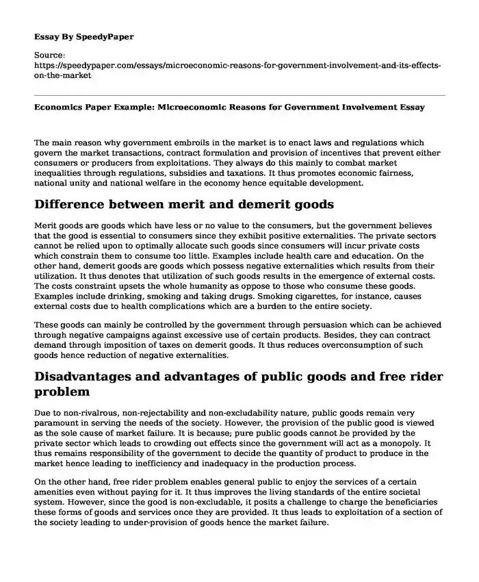 Economics Paper Example: Microeconomic Reasons for Government Involvement