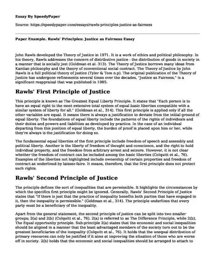 Paper Example. Rawls' Principles: Justice as Fairness
