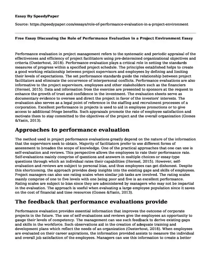 Free Essay Discussing the Role of Performance Evaluation in a Project Environment