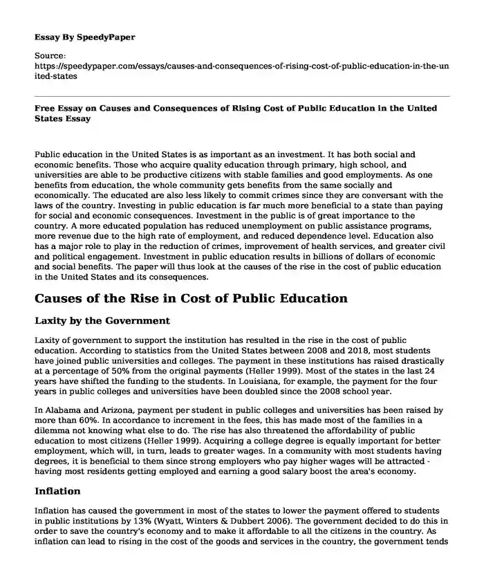 Free Essay on Causes and Consequences of Rising Cost of Public Education in the United States