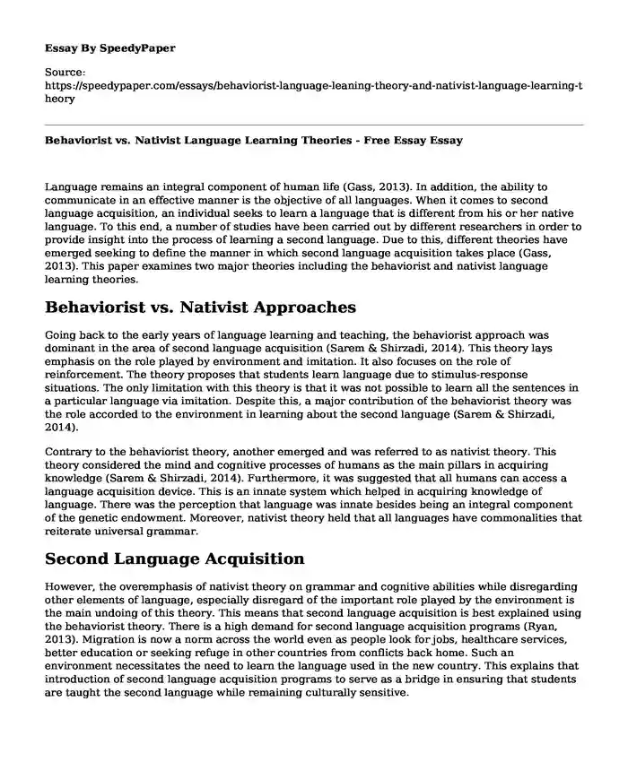 Behaviorist vs. Nativist Language Learning Theories - Free Essay