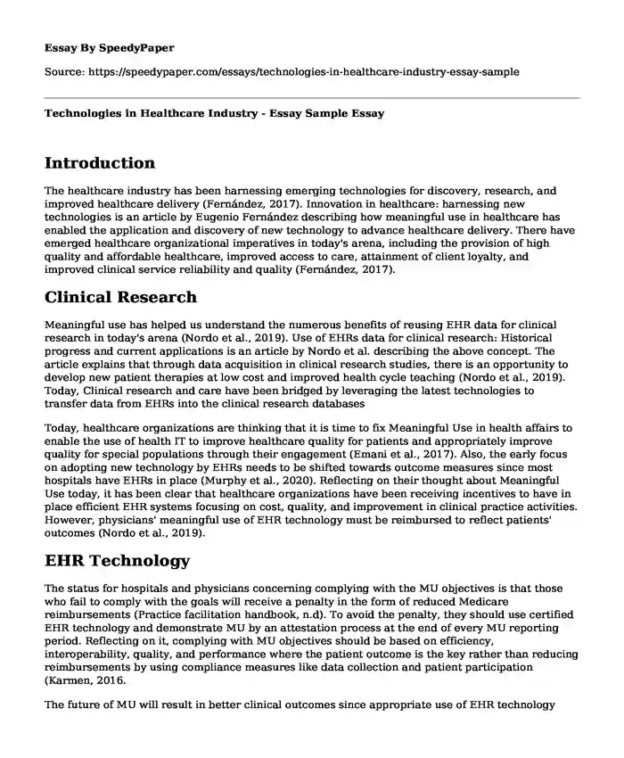 Technologies in Healthcare Industry - Essay Sample