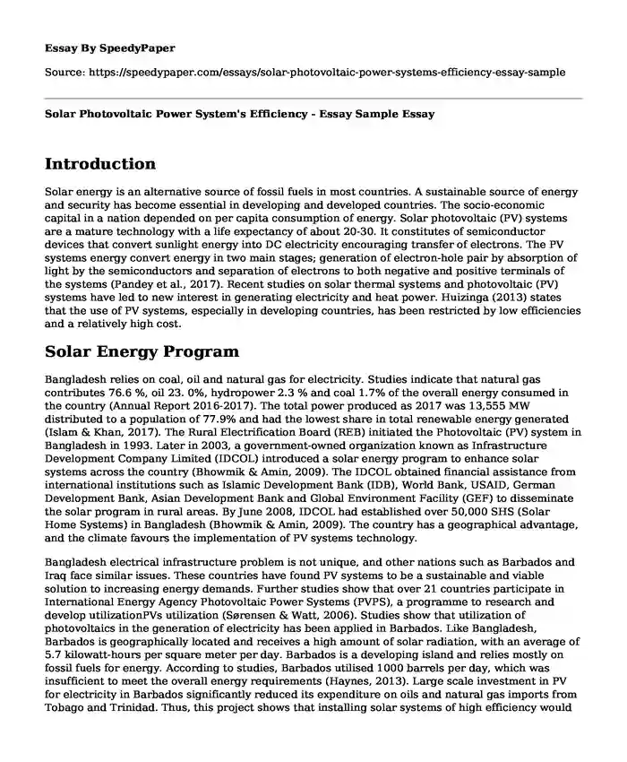 Solar Photovoltaic Power System's Efficiency - Essay Sample