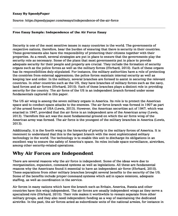 Free Essay Sample: Independence of the Air Force