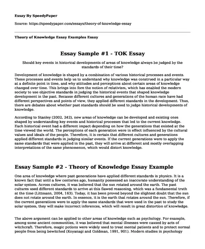 Theory of Knowledge Essay Examples