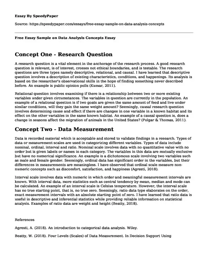 Free Essay Sample on Data Analysis Concepts
