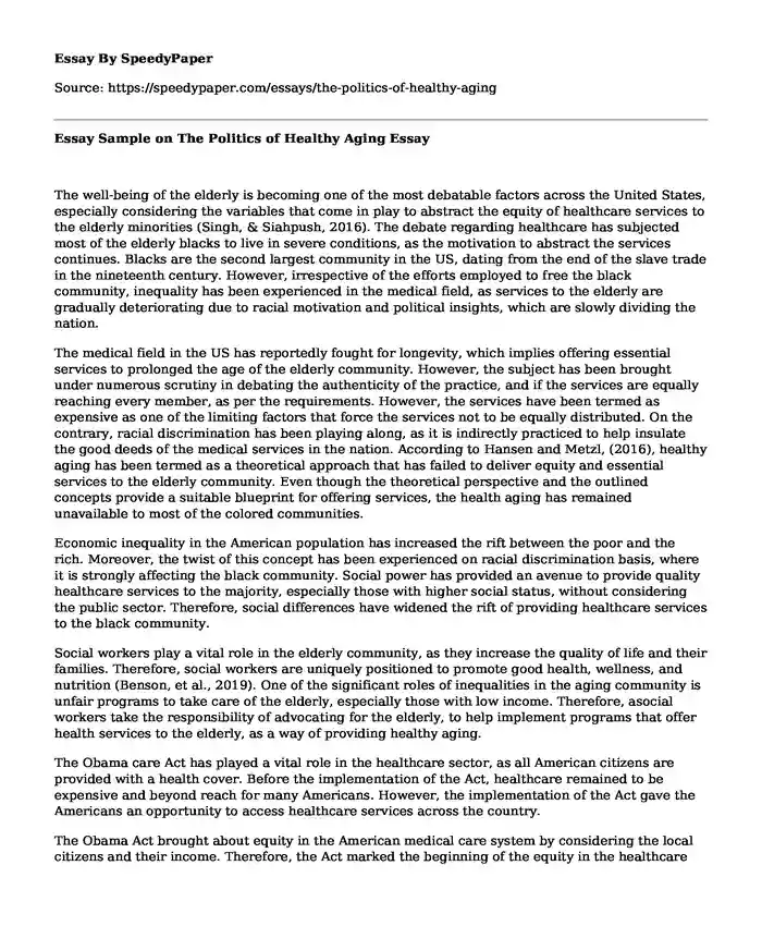 Essay Sample on The Politics of Healthy Aging