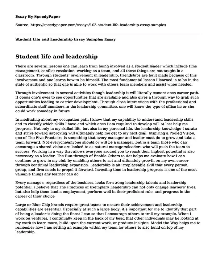 Student Life and Leadership Essay Samples
