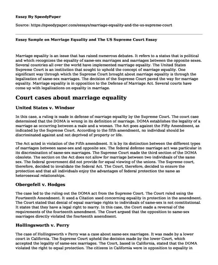 Essay Sample on Marriage Equality and The US Supreme Court