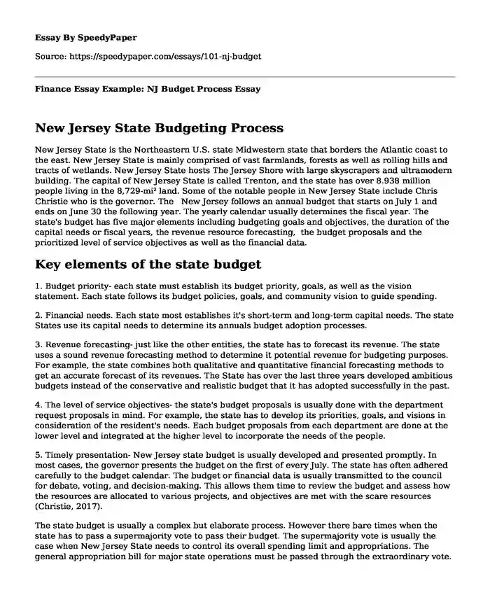 Finance Essay Example: NJ Budget Process