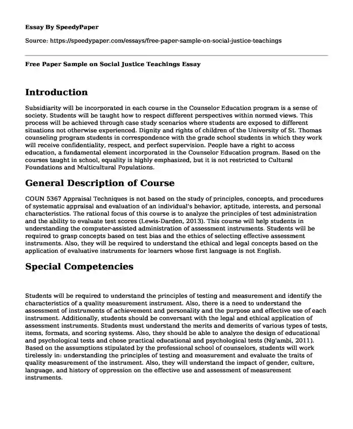 Free Paper Sample on Social Justice Teachings