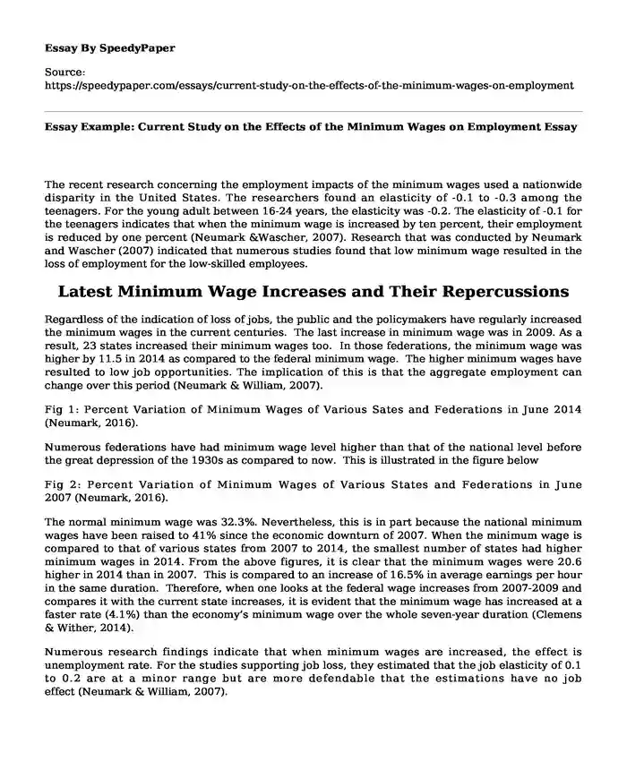 Essay Example: Current Study on the Effects of the Minimum Wages on Employment