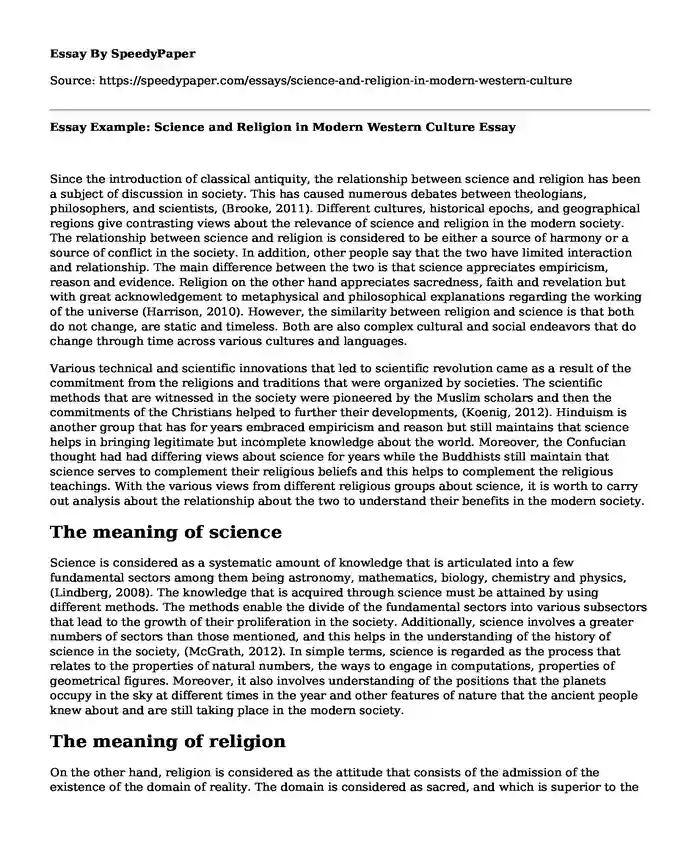 Essay Example: Science and Religion in Modern Western Culture