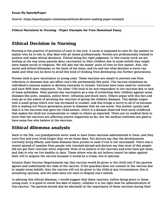 Ethical Decisions in Nursing - Paper Example for Free Download