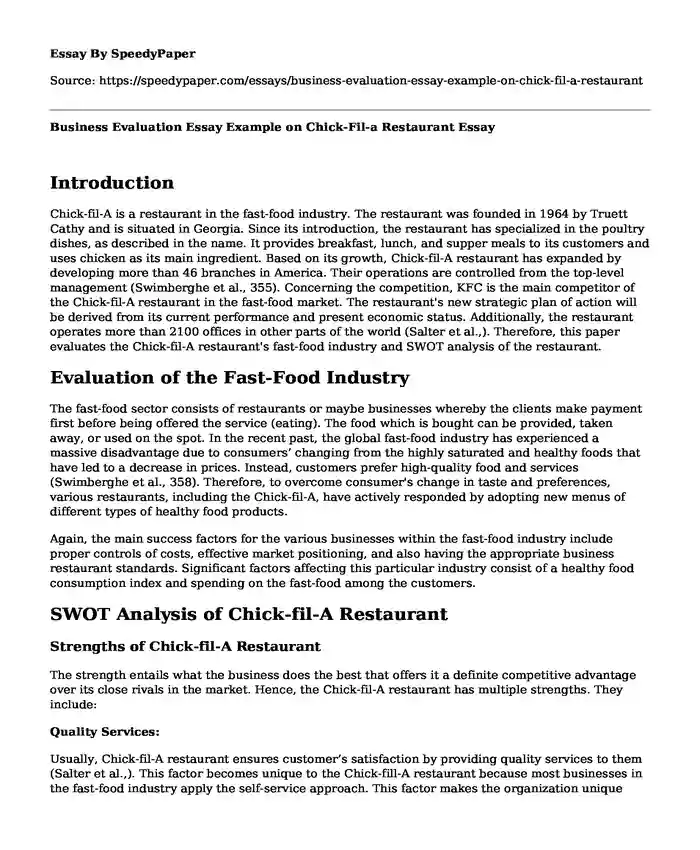 Business Evaluation Essay Example on Chick-Fil-a Restaurant
