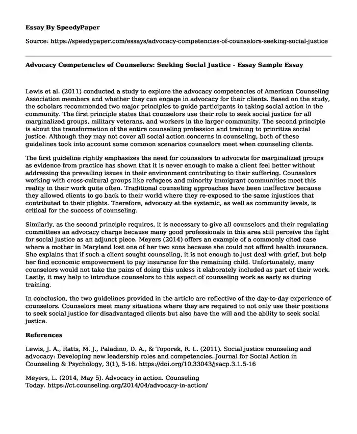 Advocacy Competencies of Counselors: Seeking Social Justice - Essay Sample