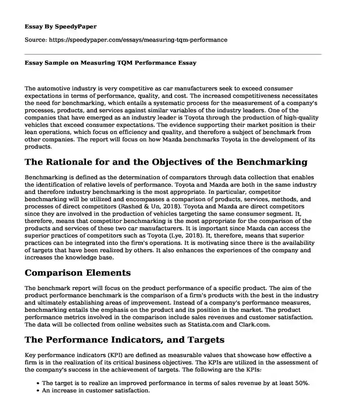 Essay Sample on Measuring TQM Performance