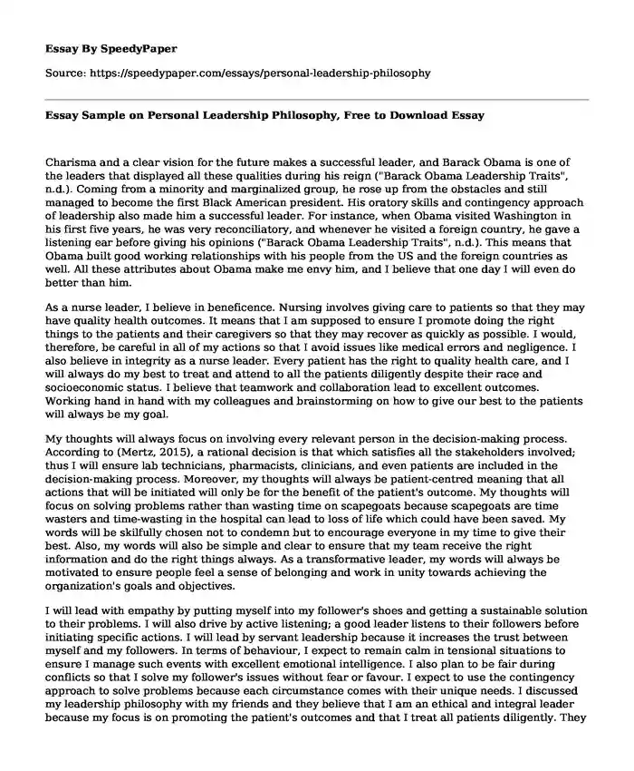 Essay Sample on Personal Leadership Philosophy, Free to Download