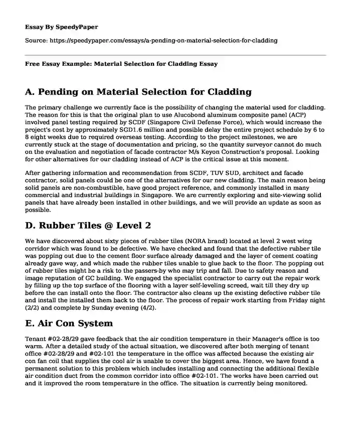 Free Essay Example: Material Selection for Cladding