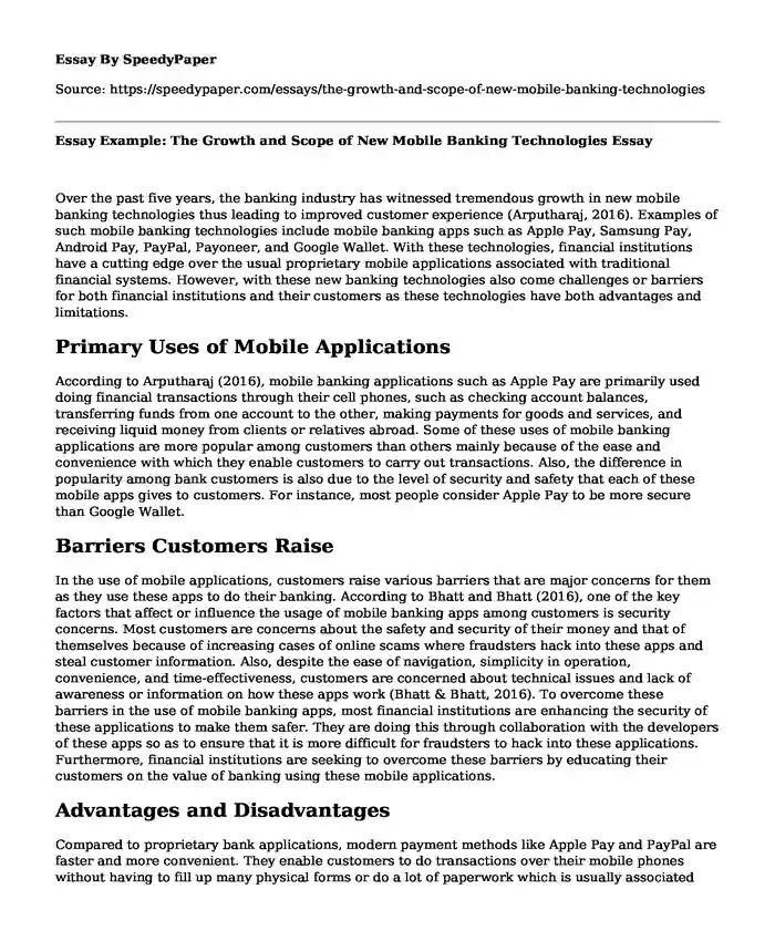 Essay Example: The Growth and Scope of New Mobile Banking Technologies