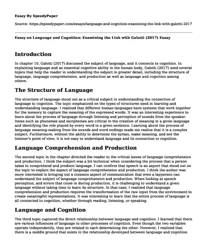 Essay on Language and Cognition: Examining the Link with Galotti (2017)