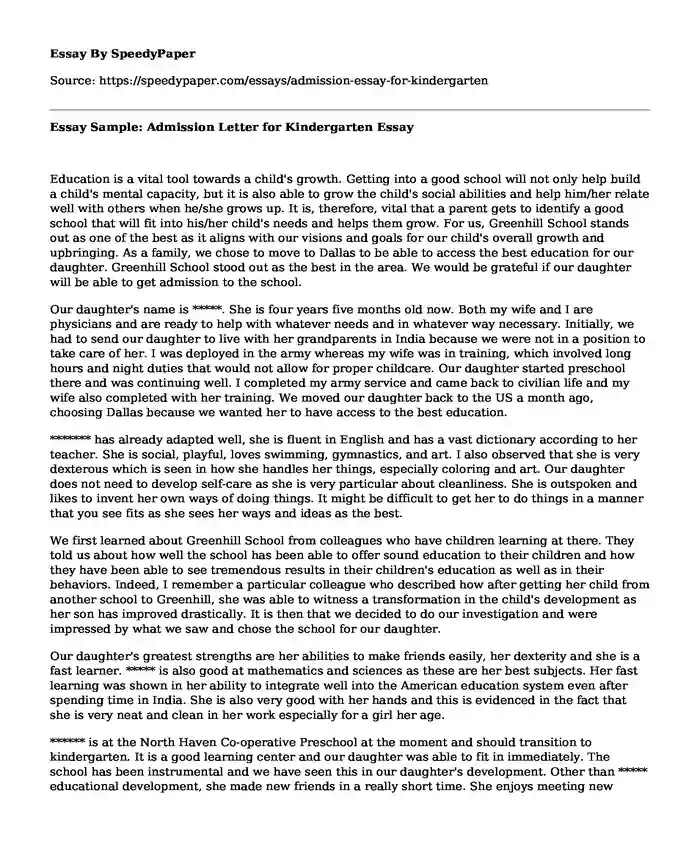 Essay Sample: Admission Letter for Kindergarten