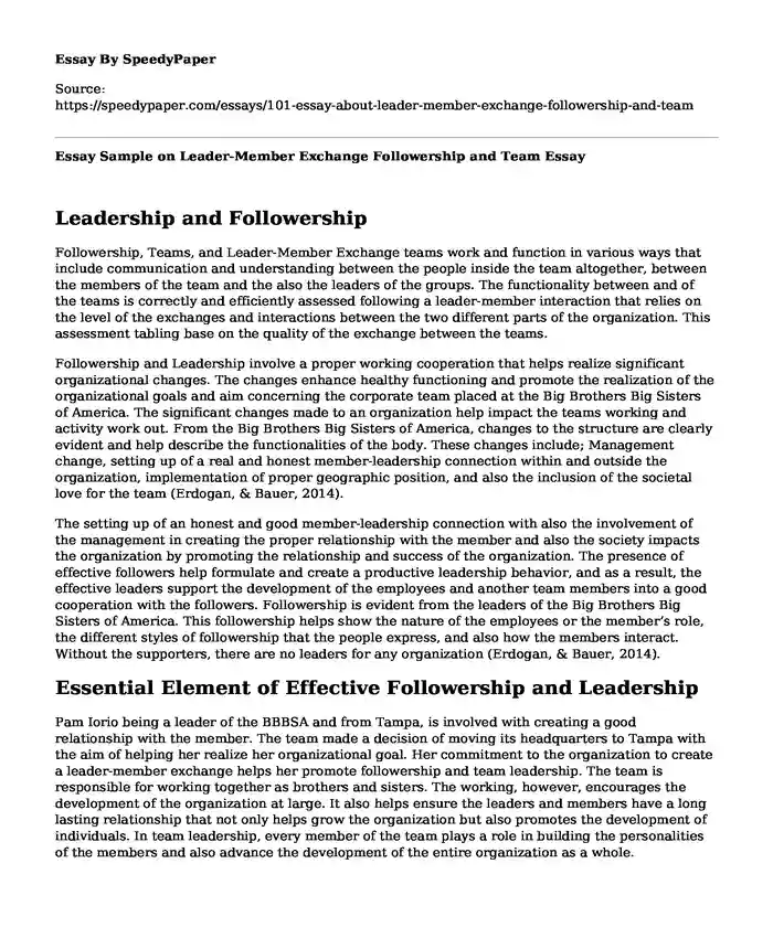 Essay Sample on Leader-Member Exchange Followership and Team