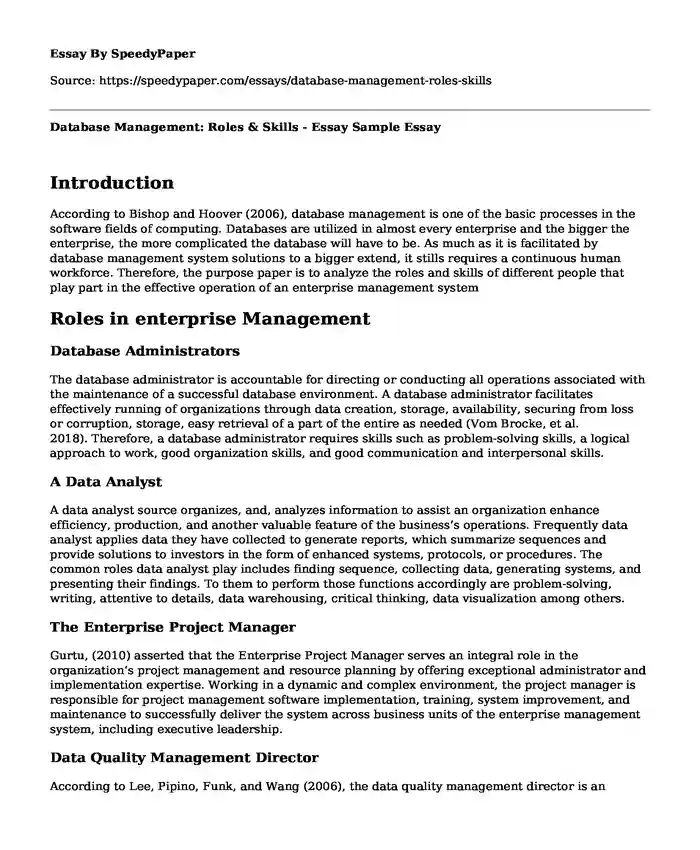 Database Management: Roles & Skills - Essay Sample