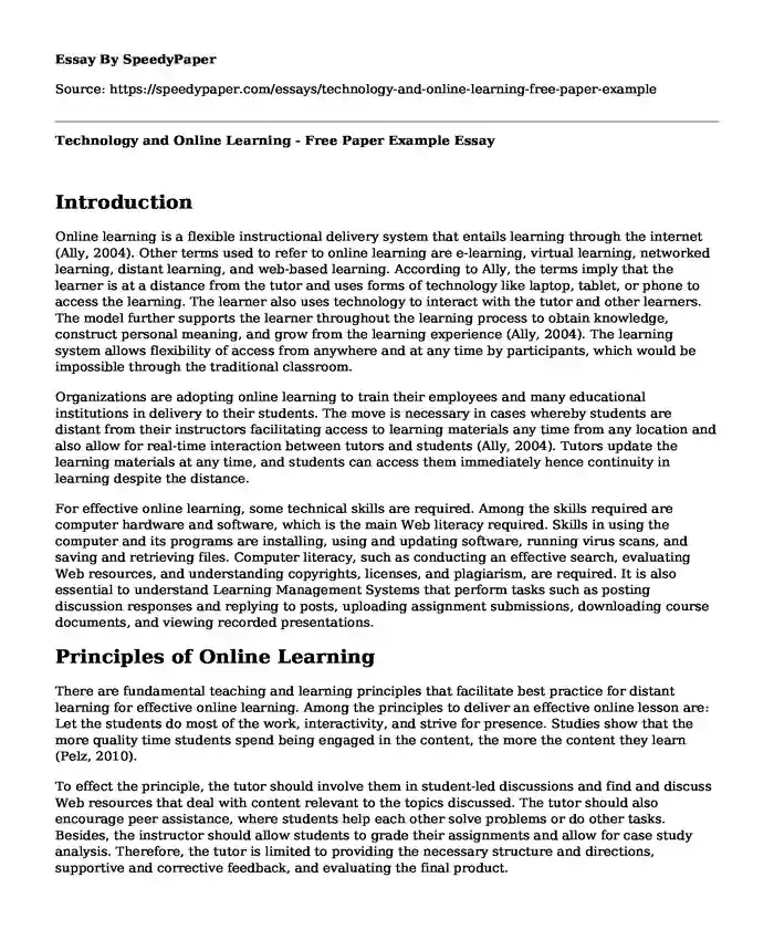 Technology and Online Learning - Free Paper Example