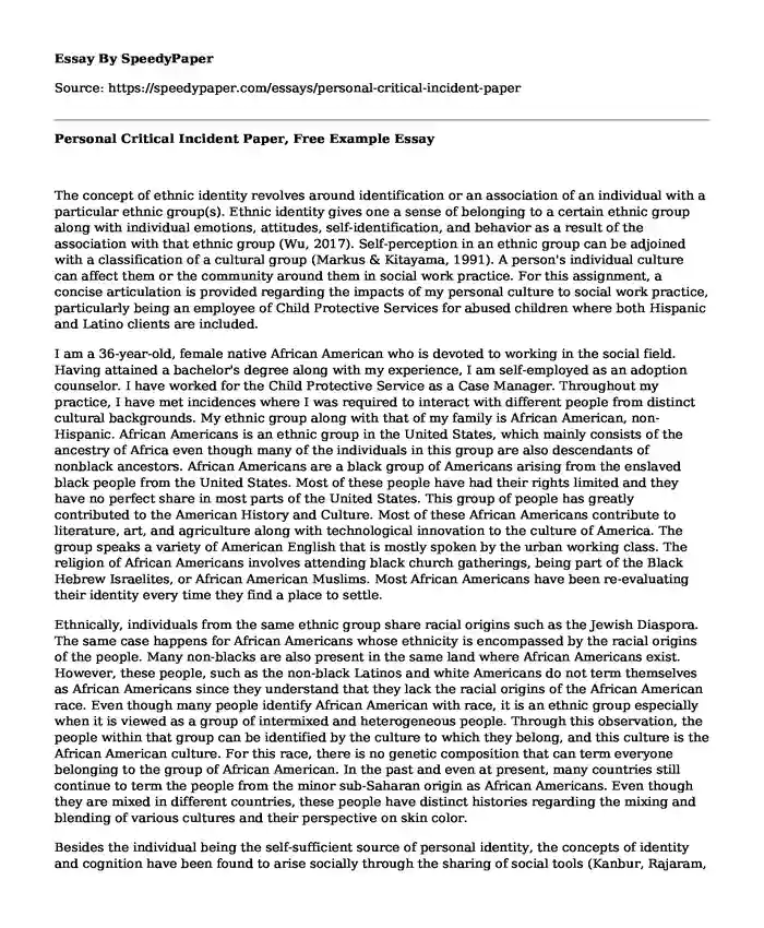 Personal Critical Incident Paper, Free Example